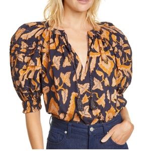 Ulla Johnson Mari Poplin Puff Sleeve Tassel Floral Top Blouse Size XS